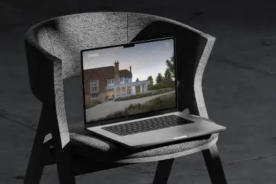 mockuuups macbook pro mockup on a textured chair with dramatic shadows